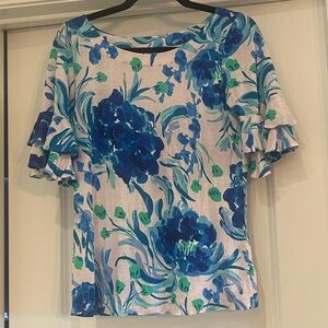 Lilly Pulitzer Blue and Green Ruffled Short Sleeve Blouse